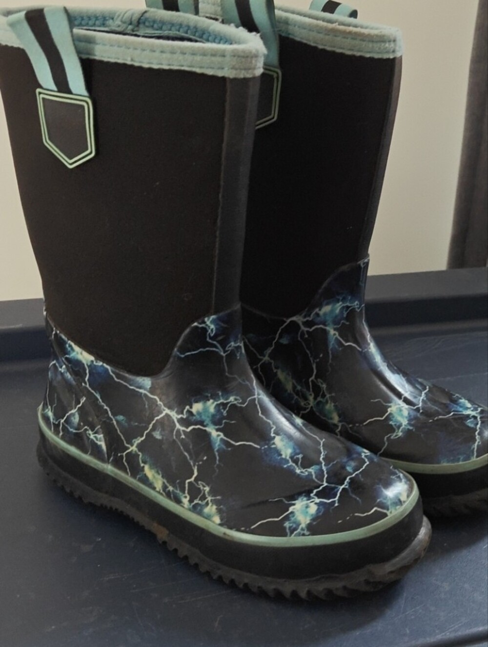 Lands End Girls Black & Teal Lightning Neoprene Rain Boots